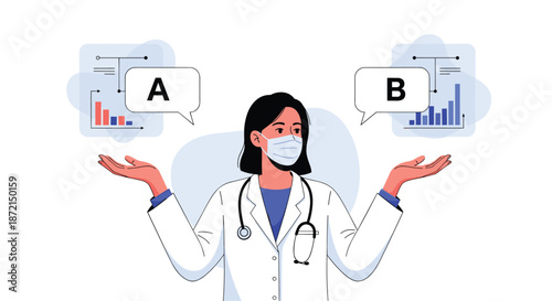 Female doctor wearing a surgical mask and white coat shrugging with charts A and B behind her representing medical choices.