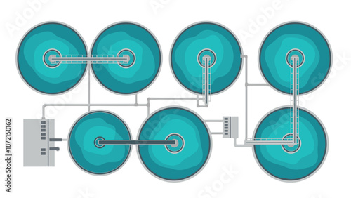Aerial top-down view of a complex wastewater treatment plant with multiple circular clarifiers, illustrating water purification processes.