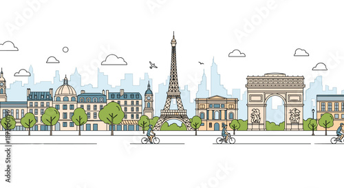 Detailed line art illustration of the Paris city skyline featuring the Eiffel Tower, Arc de Triomphe, and historical buildings.