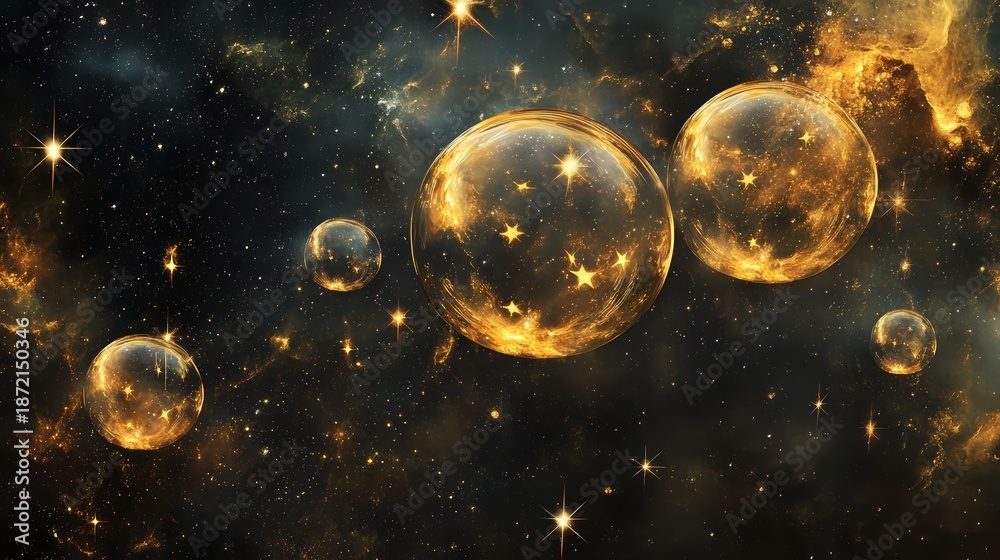 Fototapeta premium Golden glowing spheres float amidst bright stars and colorful cosmic nebulae