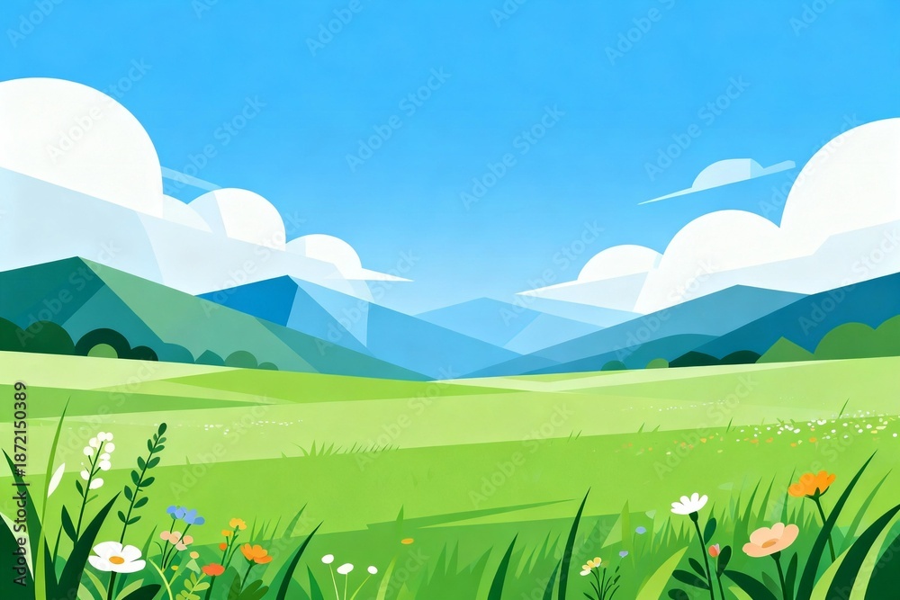 Obraz premium Colorful field with mountains and flowers