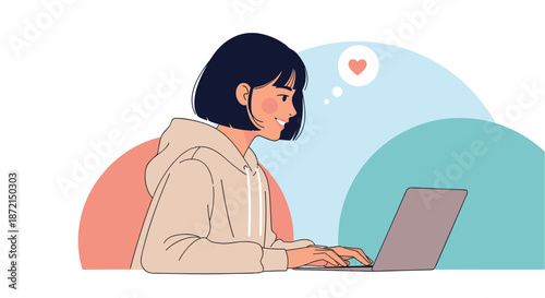 Happy young woman with short hair typing on her laptop with a small heart in a thought bubble representing liking or love.