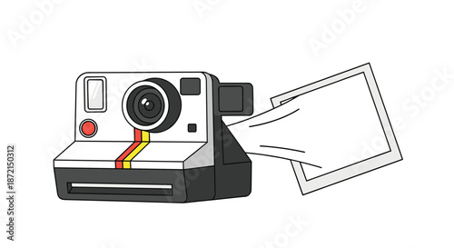 Instant film camera ejecting a blank photo paper isolated on white background for photography and memories concept.