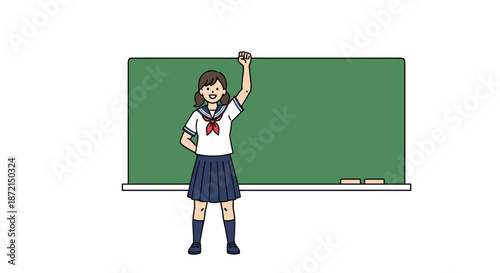 Happy schoolgirl in a Japanese style uniform standing in front of a green chalkboard with her fist raised in victory.