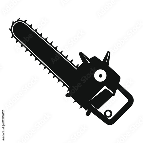 Black silhouette displays a chainsaw's sharp, toothed blade alongside its ergonomic handle on a white background