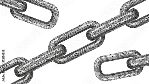 Interconnected digital blockchain chain links with intricate circuit board patterns, representing cybersecurity, data integrity, and network security.