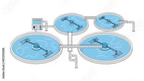 Isometric illustration of a modern wastewater treatment plant with several large circular tanks, highlighting industrial water purification.