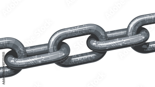 Simplified illustration of robust blockchain chain links embedded with subtle circuit board patterns, symbolizing digital security and connection.