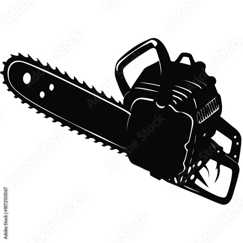 A striking black silhouette of a chainsaw presents a powerful cutting instrument with sharp teeth