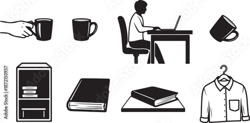 Simple office and study icons in black and white
