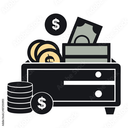 A cash box overflows with dollar coins and paper currency on a white backdrop