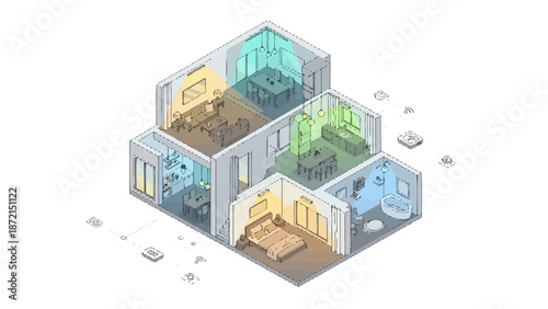 Isometric House Interior Design Illustration with Multiple Rooms.