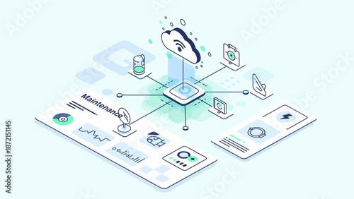 Isometric Illustration of IoT Network Connecting Devices to Cloud.