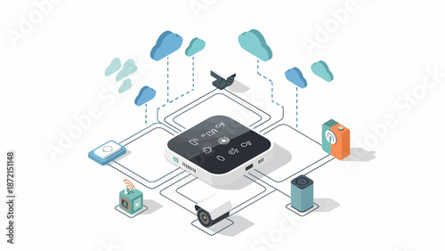 Isometric Illustration of Central Processing Unit Connecting to Cloud and Devices.