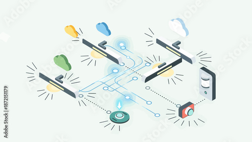 Isometric Network of Devices and Cloud Services Illustration.