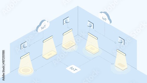 Isometric Room with Cloud Computing and Data Storage.