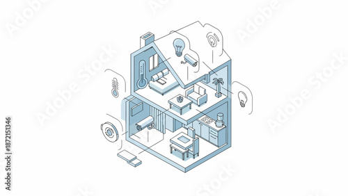 Isometric Smart Home Illustration with Connected Devices and Automation.