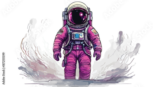 Astronaut in a pink spacesuit standing in a smoky environment.