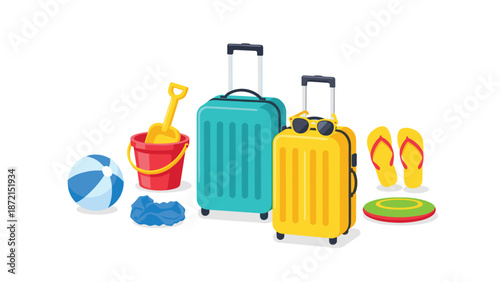 Colorful collection of vacation essentials including suitcases, beach ball, shovel, bucket, and flip-flops, ready for a sunny getaway.