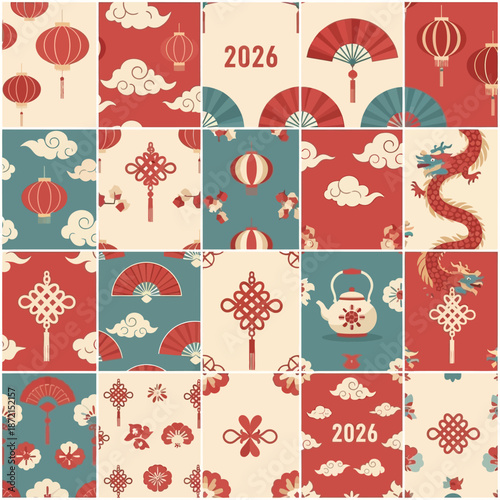 Vector Pattern Traditional Chinese Lanterns and Dragon in Vintage Style with Red Blue and Cream Colors