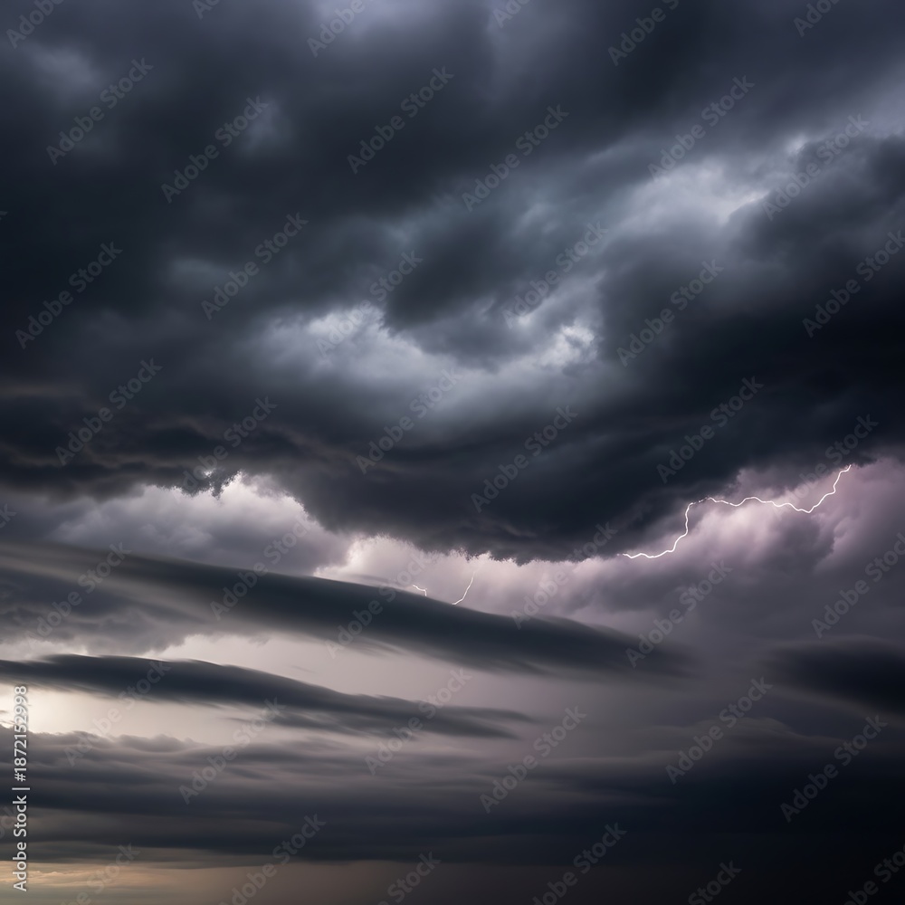Obraz premium Brooding Tempest - A Dramatic Sky of Turbulent, Layered Dark Storm Clouds.