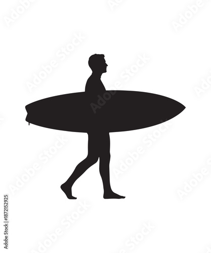 Silhouette of a man walking with a surfboard under his arm, ready for surfing.