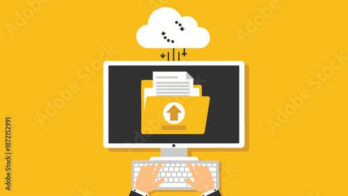 Businessman uploading files to cloud storage on computer