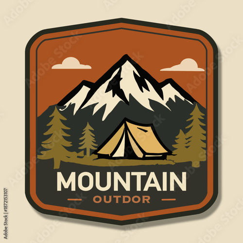 Outdoor camping badge with mountain peaks, pine trees, and tent illustration. Designed for adventure brands, travel logos, hiking communities, and outdoor product labels.