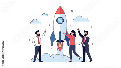 Business team launching rocket, concept of startup, innovation, growth, and success