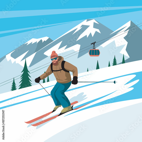 Energetic male skier descending a snowy mountain slope, illustrating the thrill of winter sports and an active alpine adventure