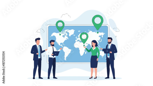 Global Business Team Planning World Map Destinations with Pin Markers