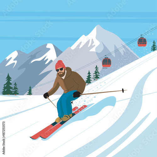 A man with a beard skis down a snow-covered mountain slope with ski lifts in the background, depicting a winter sports scene