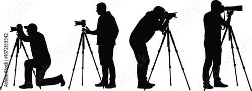 Photographer silhouette set using camera on tripod in various shooting positions isolated on white background for photography concept design