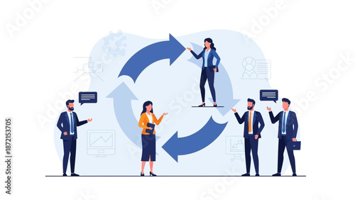 Business Team Collaboration Cycle Flowchart with Arrows and Icons