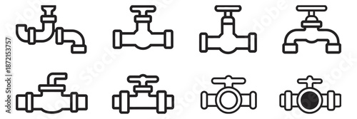 Diverse Collection of Industrial Valve and Pipe Icons, Illustrating Various Plumbing Connections and Water Flow Control System Concepts