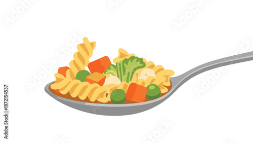 A silver spoon holds a savory serving of spiral pasta mixed with a colorful assortment of fresh vegetables, ready for a delicious and healthy meal.