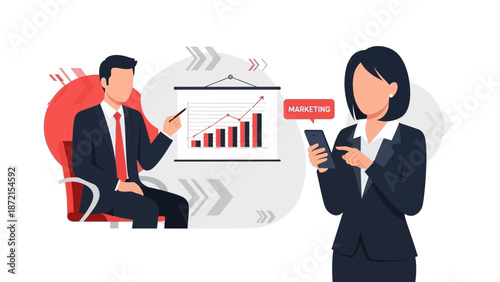Business meeting with marketing strategy presentation and mobile phone