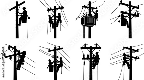 Black silhouette collection of electrical linemen working on utility poles and power lines for energy maintenance and high voltage electricity repairs