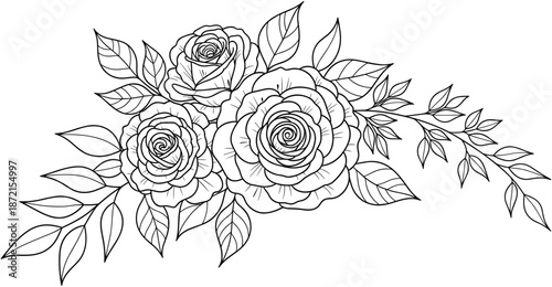 Elegant black and white rose bouquet line art illustration featuring detailed blooming flowers and delicate leaves for coloring and decoration