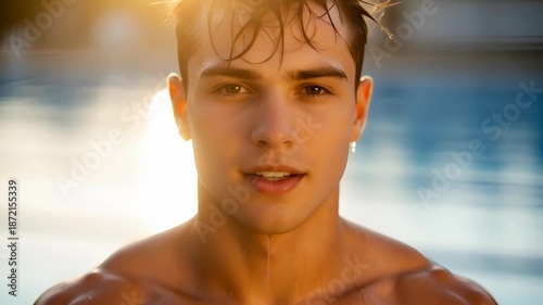 Man with wet muscular torso standing by the swimming pool. Athletic male body after a swim for healthy lifestyle and fitness concept.	
