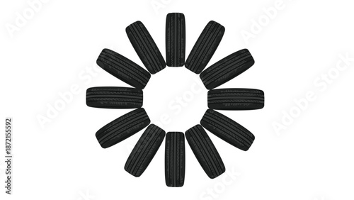 A symmetrical arrangement of multiple car tires forms a perfect circle, representing the automotive industry, vehicle maintenance, and component design.