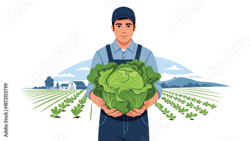 A proud farmer stands in his lush field, holding a large, fresh head of cabbage, symbolizing successful agriculture, organic farming, and a bountiful harvest.