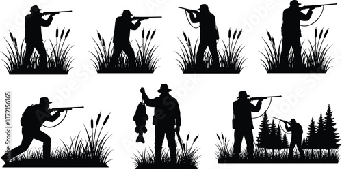 Hunter silhouette collection aiming rifle in marshland and forest scenes isolated on white background for hunting wildlife outdoor illustration design