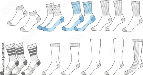 Athletic socks collection technical fashion sketches showing multiple styles lengths and patterns isolated on white background apparel design illustration