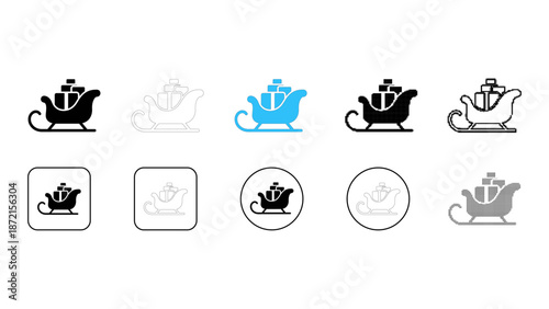 Christmas holiday sleigh gifts icon set - solid, line, colourful, pixelated vector graphics