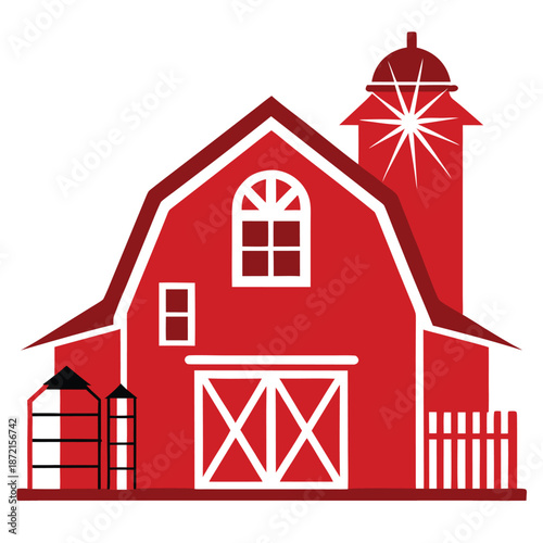 A bright red barn with white trim and a silo stands prominently on the land