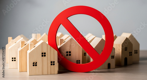 Prohibition sign on wooden houses indicating rejection or refusal on a wooden surface
