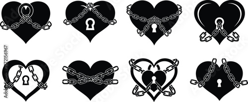 Black and white of hearts with chains and locks in various arrangements