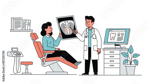Male dentist in a modern clinic explains a dental X-ray to a female patient seated in a chair, discussing her dental condition.