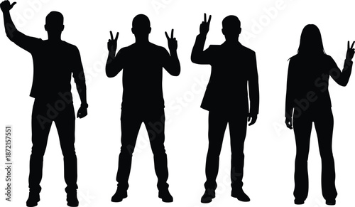 Group of diverse people silhouettes making victory peace hand gestures isolated on white background for teamwork success concept